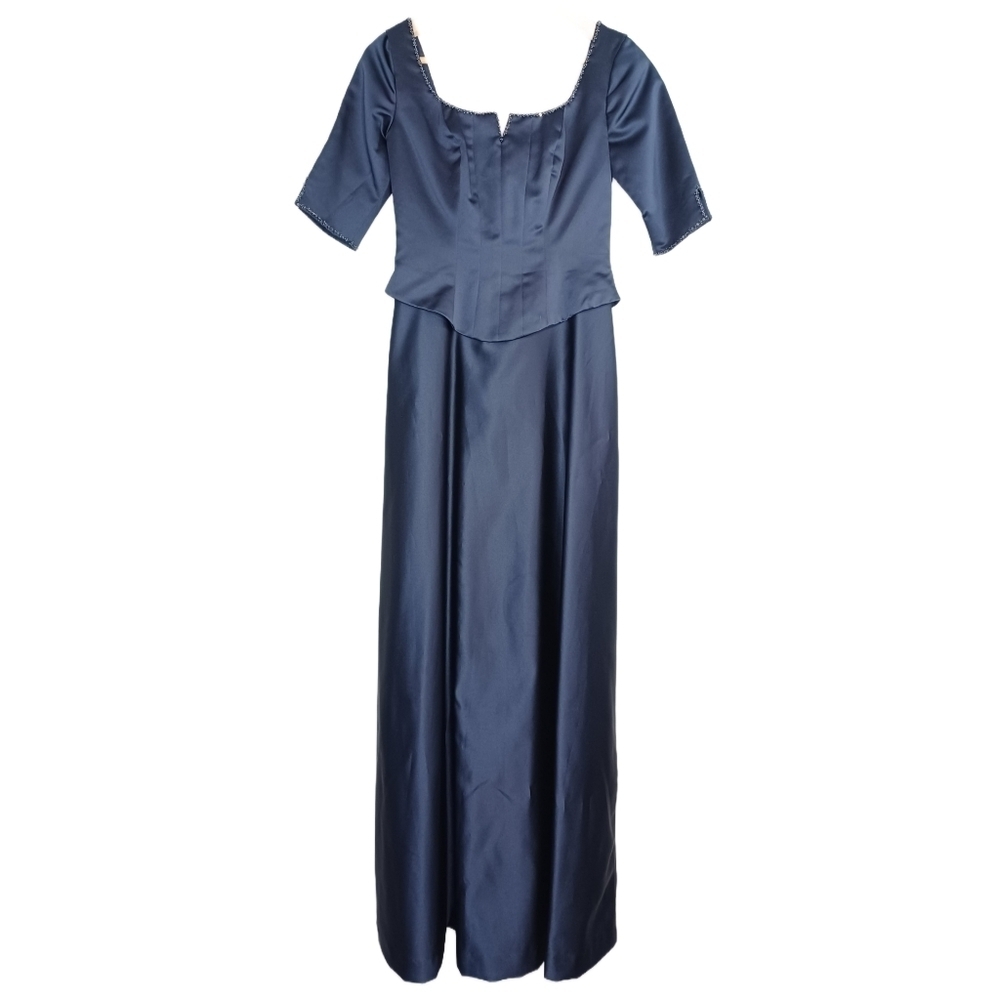Mori Lee Satin Blue Mother of The Bride Floor Length Evening Gown